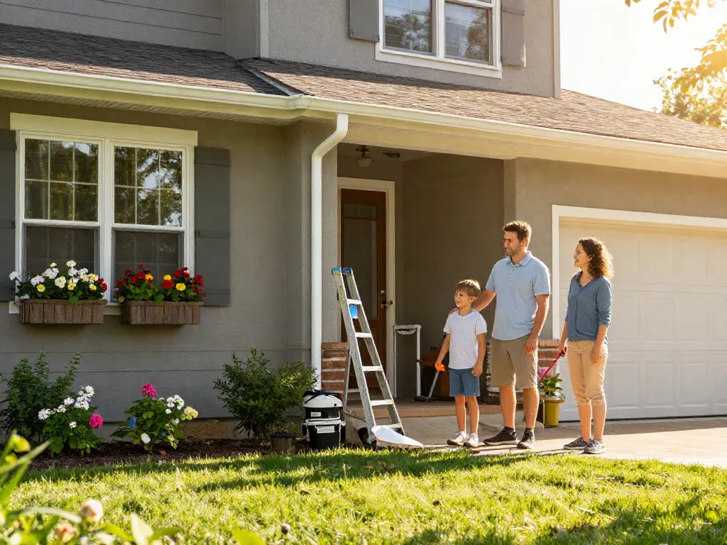 Family admiring new Spokane gutters on a home, showcasing quality installation and landscaping.