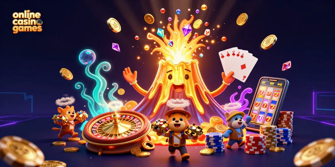 Experience thrilling online casino games with a vibrant 3D cartoon scene featuring a golden volcano, treasure, and dynamic casino elements.