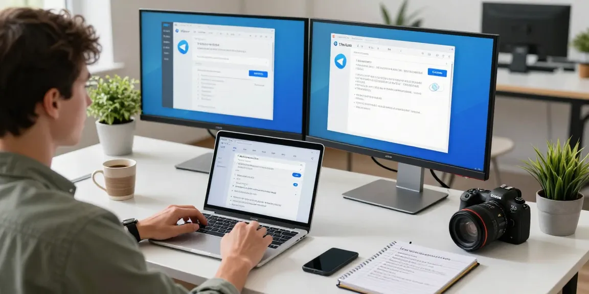 Professional workspace with Telegram Chinese interface on dual monitors, person setting up app.