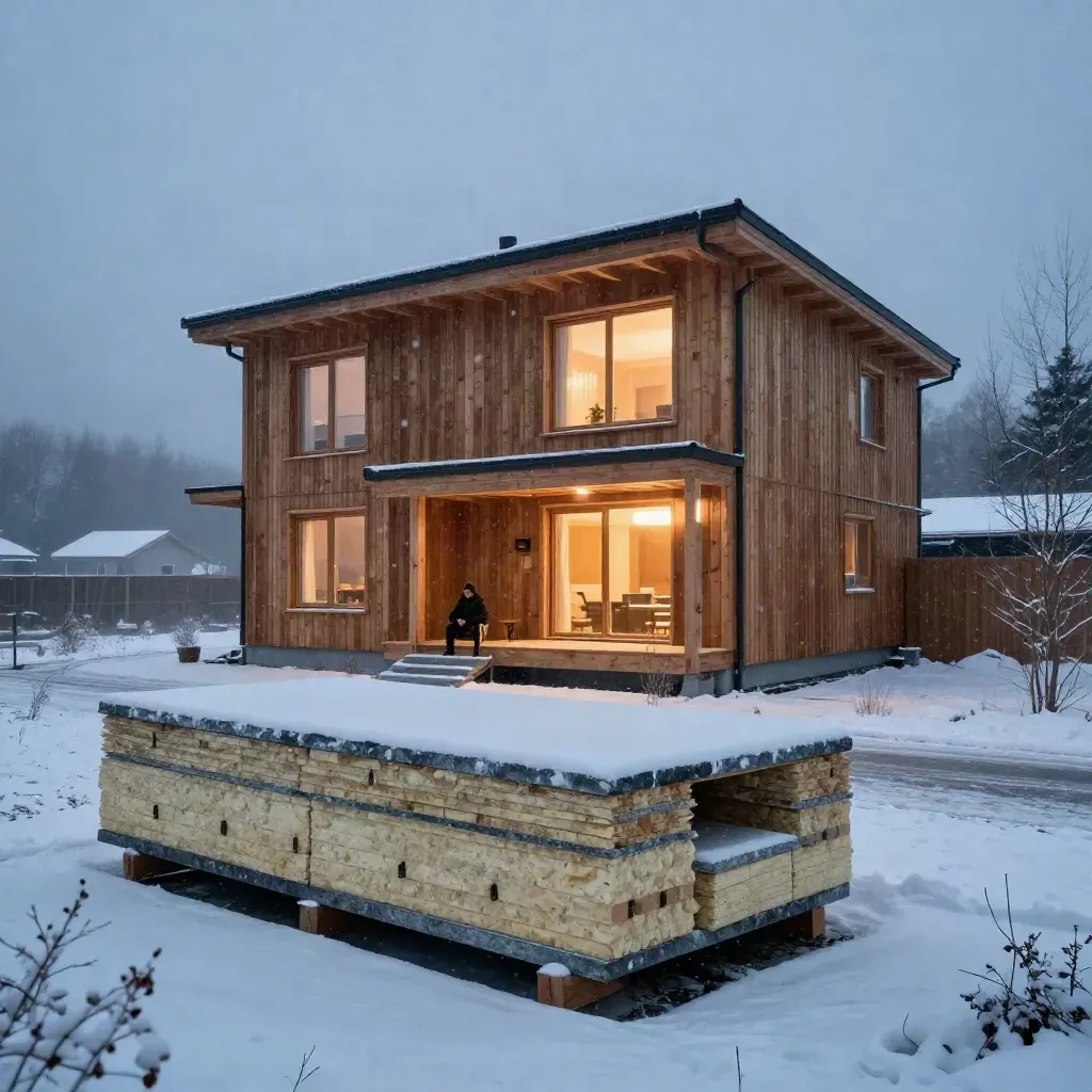 Cedar passive house in snowfall with mineral-wool boards and warm glowing windows.