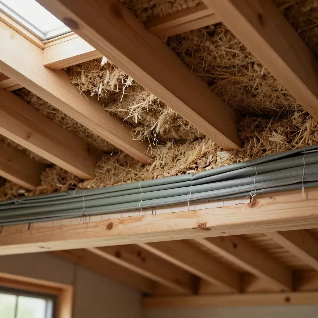 Sunlit roof-eave insulation detail with cellulose, rafters, and membrane layers.