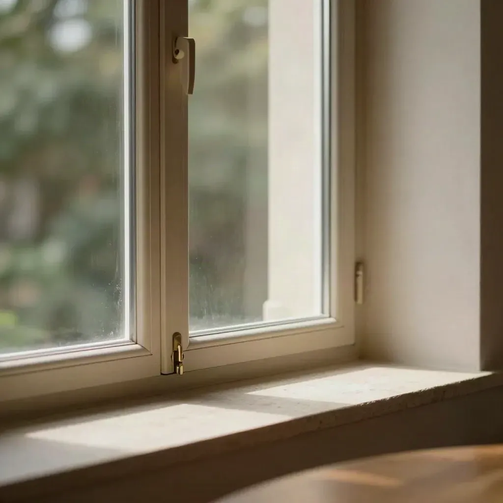 Triple-pane window corner sample with stone sill, timber reveal, and shade fin in soft daylight.