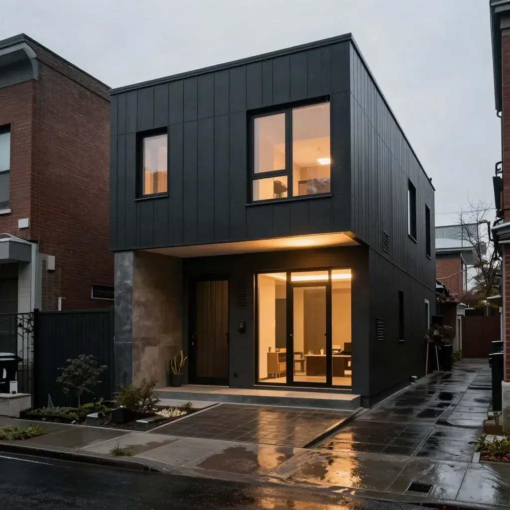 Rain-slick Toronto laneway home with deep glazing and a sheltered charcoal entry court at dusk.