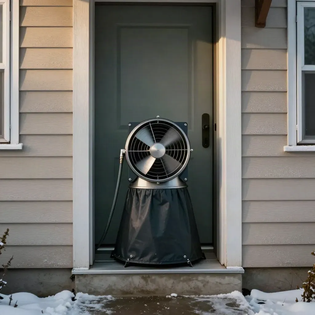 Blower-door test fan sealed into an Edmonton duplex entry, frost on the siding
