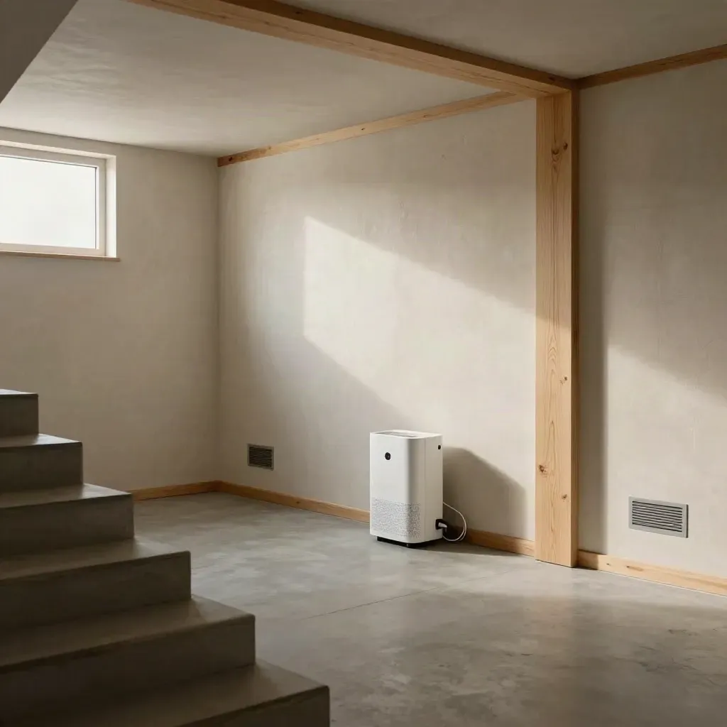Finished Halifax basement with insulated walls, timber battens, and a compact dehumidifier.
