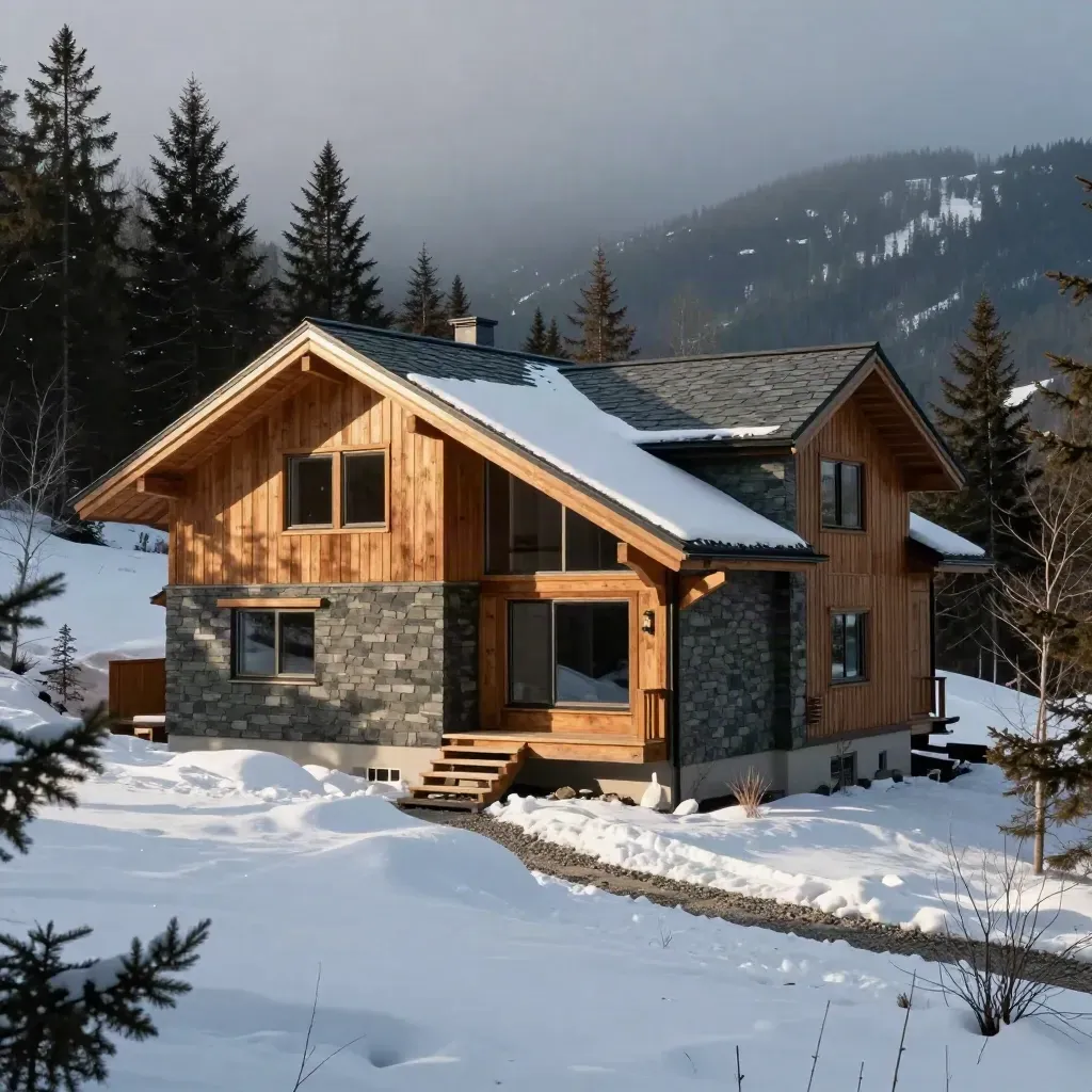 Whistler mountain home with timber siding, deep reveals and snow drifts at sunset