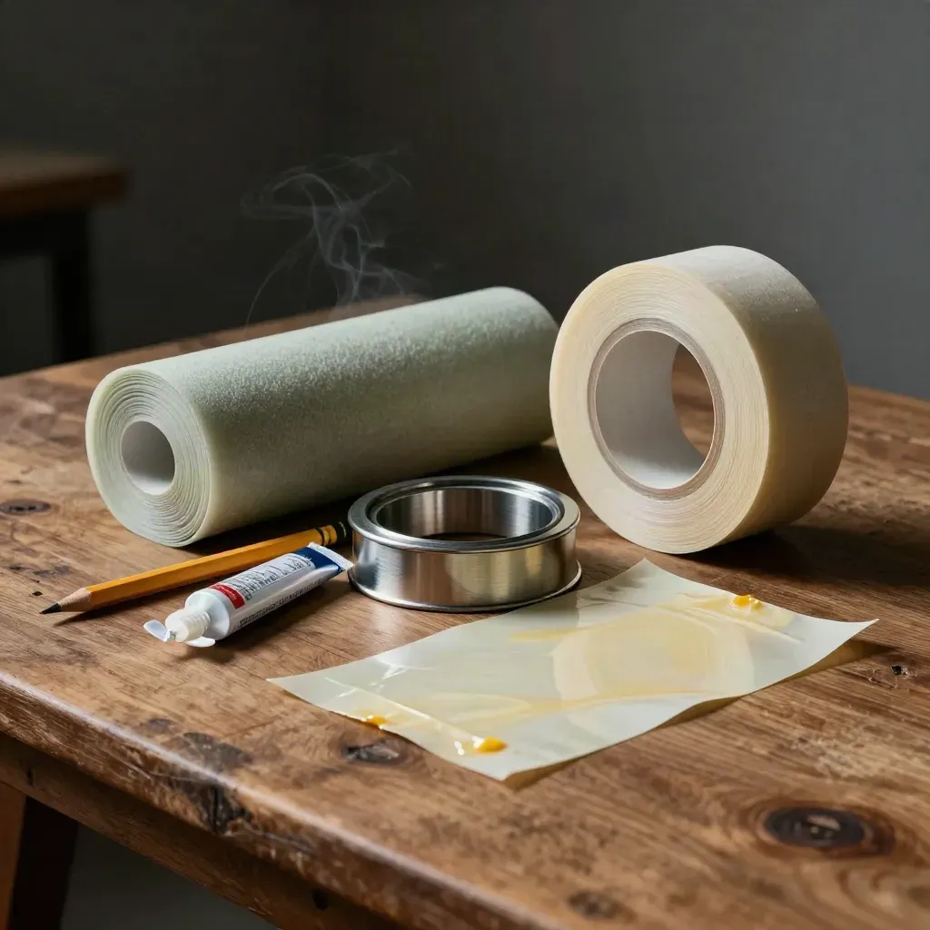 Airtightness tools arranged on a walnut bench beside a freshly sealed joint sample.