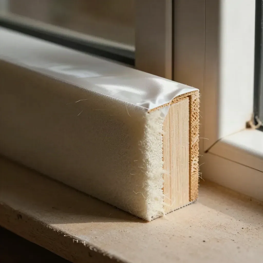 Close-up of a window-jamb cutaway with insulation, membrane and foam layers.