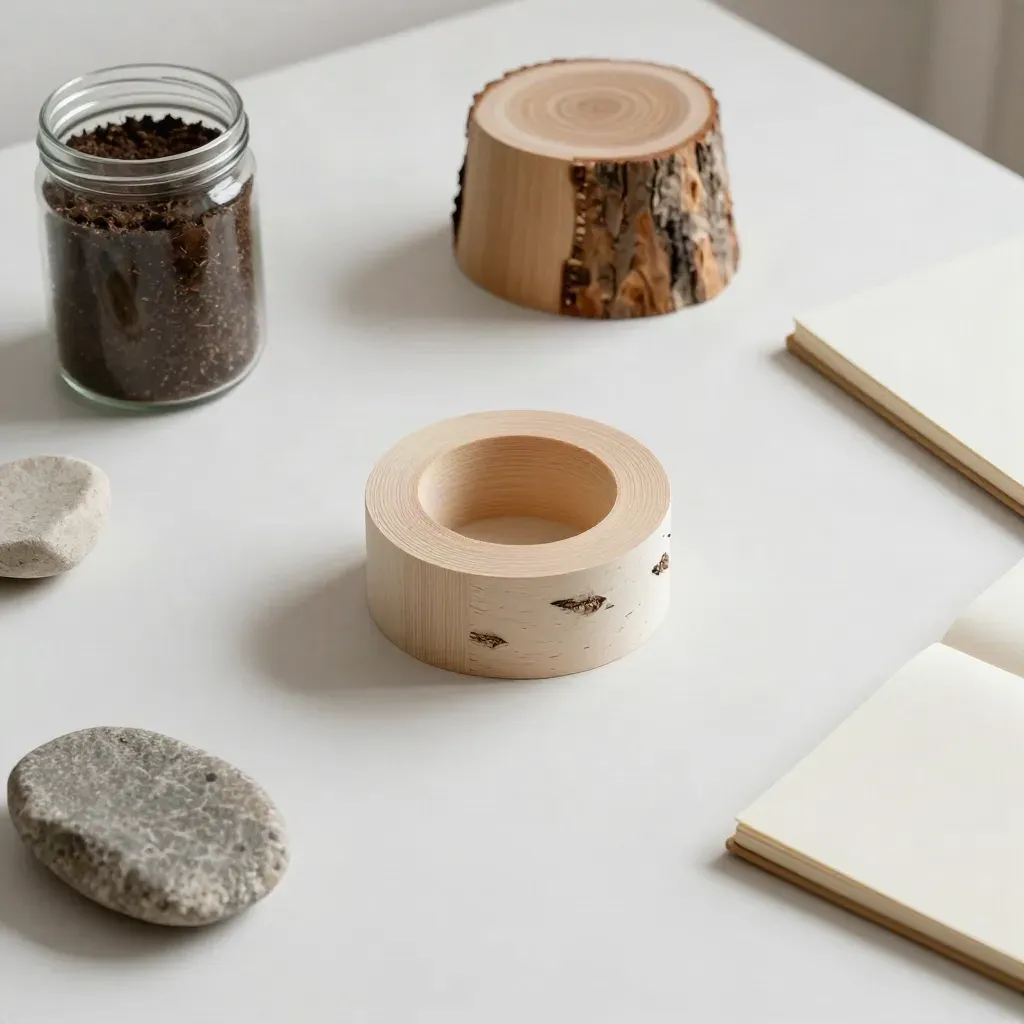Top-down plan review still life with timber model, soil jar, cedar offcut, stone chip, and notebook.