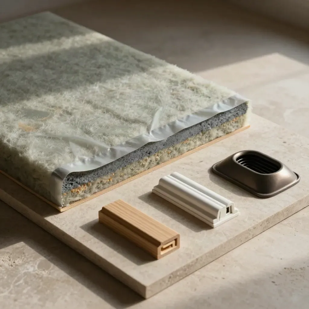Overhead flatlay of insulation, membrane, window jamb and vent samples on limestone
