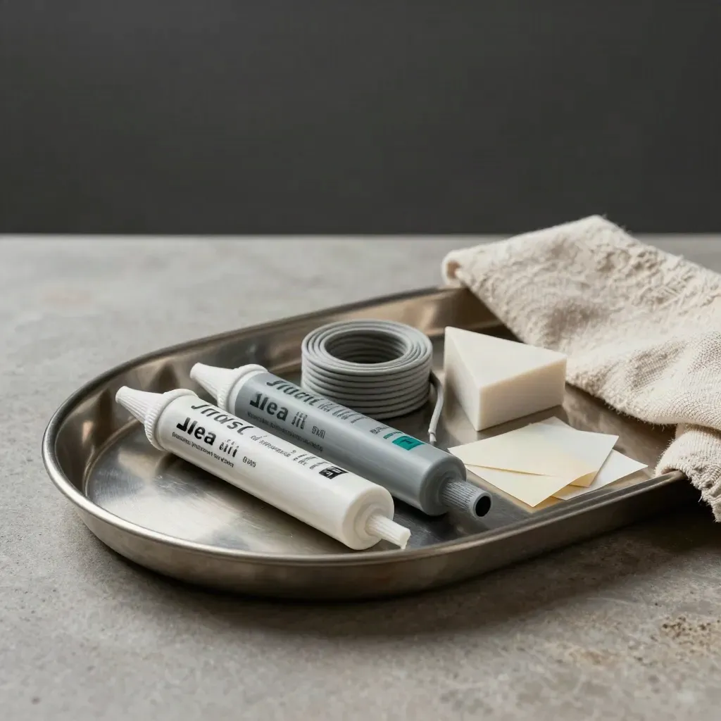 Passive-house support toolkit on a stainless tray with sealant, gasket cord and membrane patches.