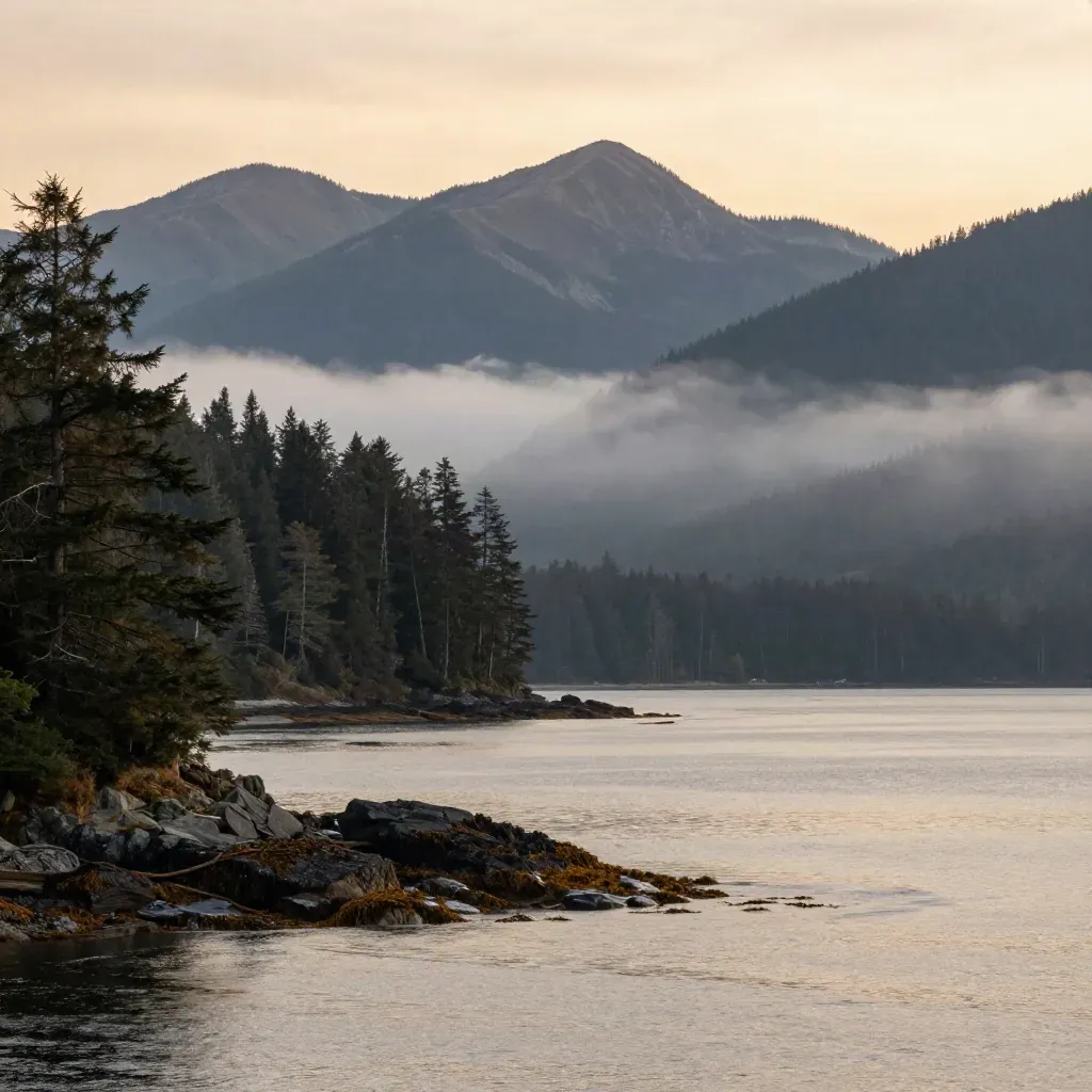 Misty coastal mountains above a quiet inlet with calm water and wet shoreline
