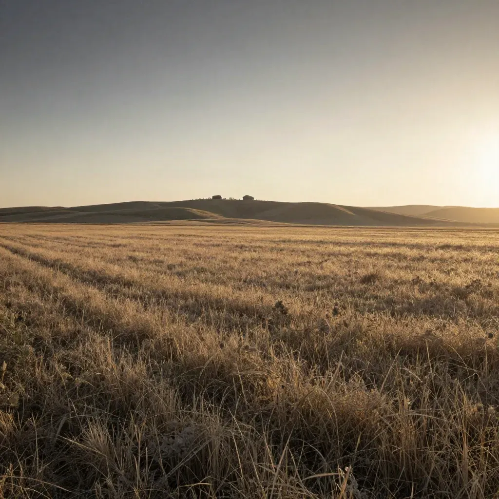 Golden prairie with a small modern home and distant ridge under a vast evening sky.