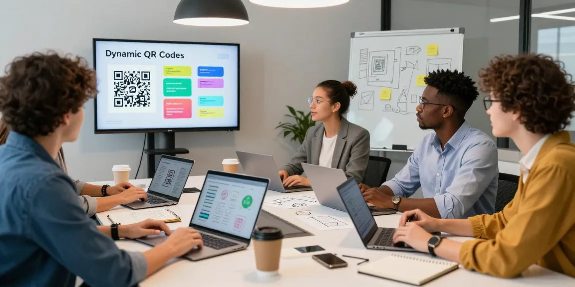 Dynamic QR Codes strategy meeting in a collaborative office environment.