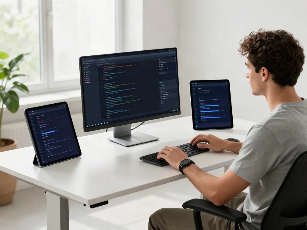 Workspace downloading latest version download of GB WhatsApp APK surrounded by tech gear.