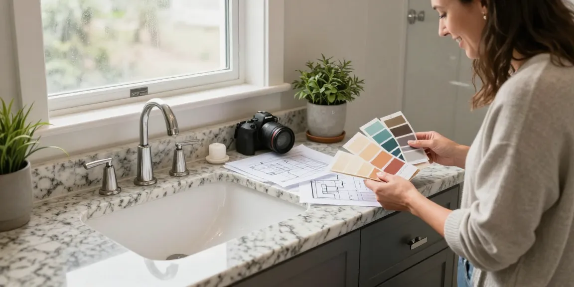 Custom bathroom countertops Hamilton showcased in a modern bathroom setting with a designer discussing options.