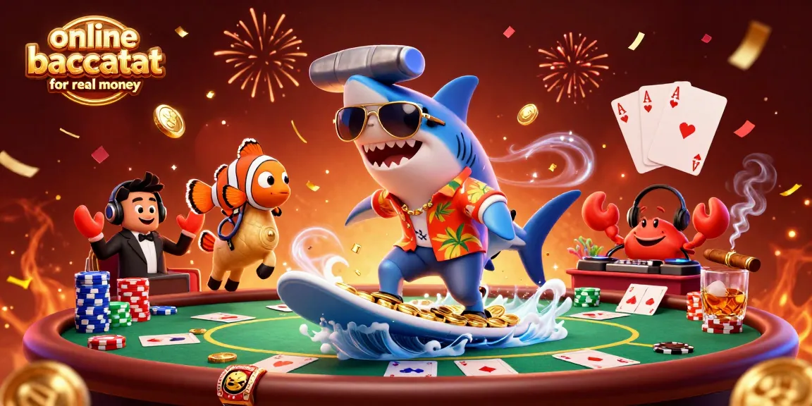 Experience online baccarat for real money with vibrant characters and casino action in this dazzling illustration.